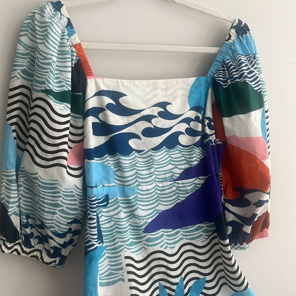 Oliphant Dress Puffed Sleeve Cutout Bow Cotton Abstract Mini Size Small - Picture 6 of 12